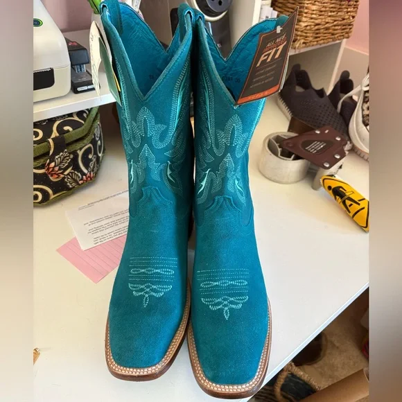 Roper Teal Suede Western Boots with Embroidery - Picture 3 of 11